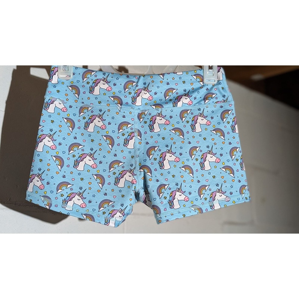 Unicorn Print Running Workout Athletic Shorts Blue Rainbow Stars Hearts Small